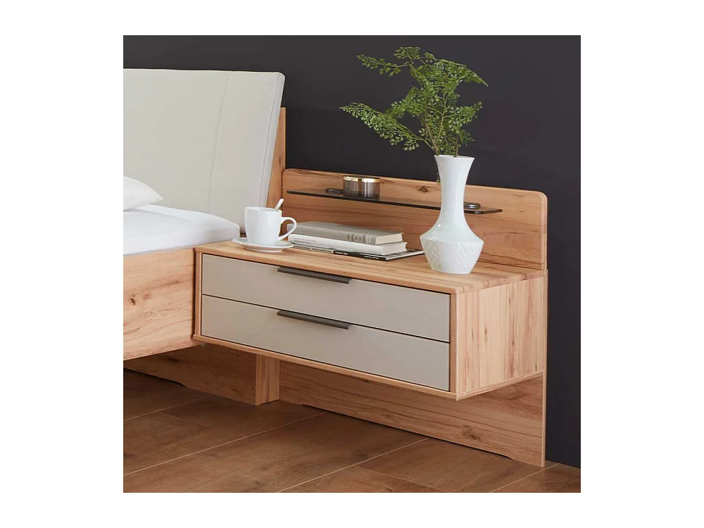 Bettgestell aus Kernbuche Massivholz Kunstleder in Beige (dreiteilig)