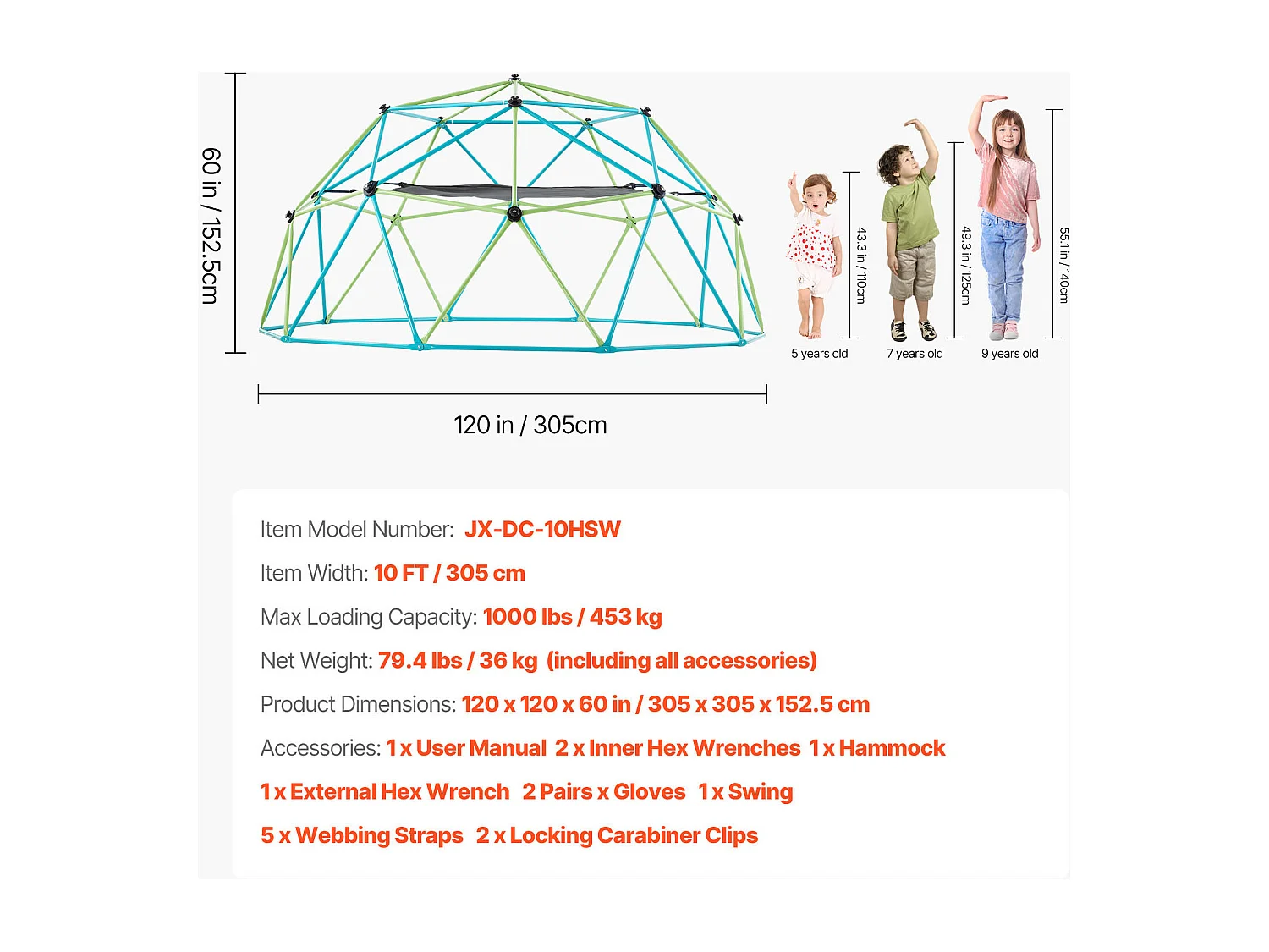 Kopuła Wspinaczkowa SucceBuy Geometryczna 305 cm, Klatka do Wspinania z Huśtawką i Hamakiem, Solidna Klatka dla Wiewiórek z Nośnością 453 kg