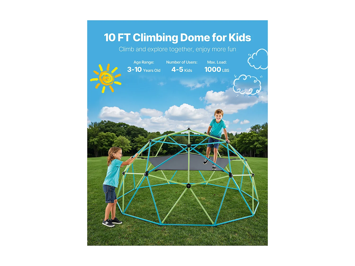 Kopuła Wspinaczkowa SucceBuy Geometryczna 305 cm, Klatka do Wspinania z Huśtawką i Hamakiem, Solidna Klatka dla Wiewiórek z Nośnością 453 kg