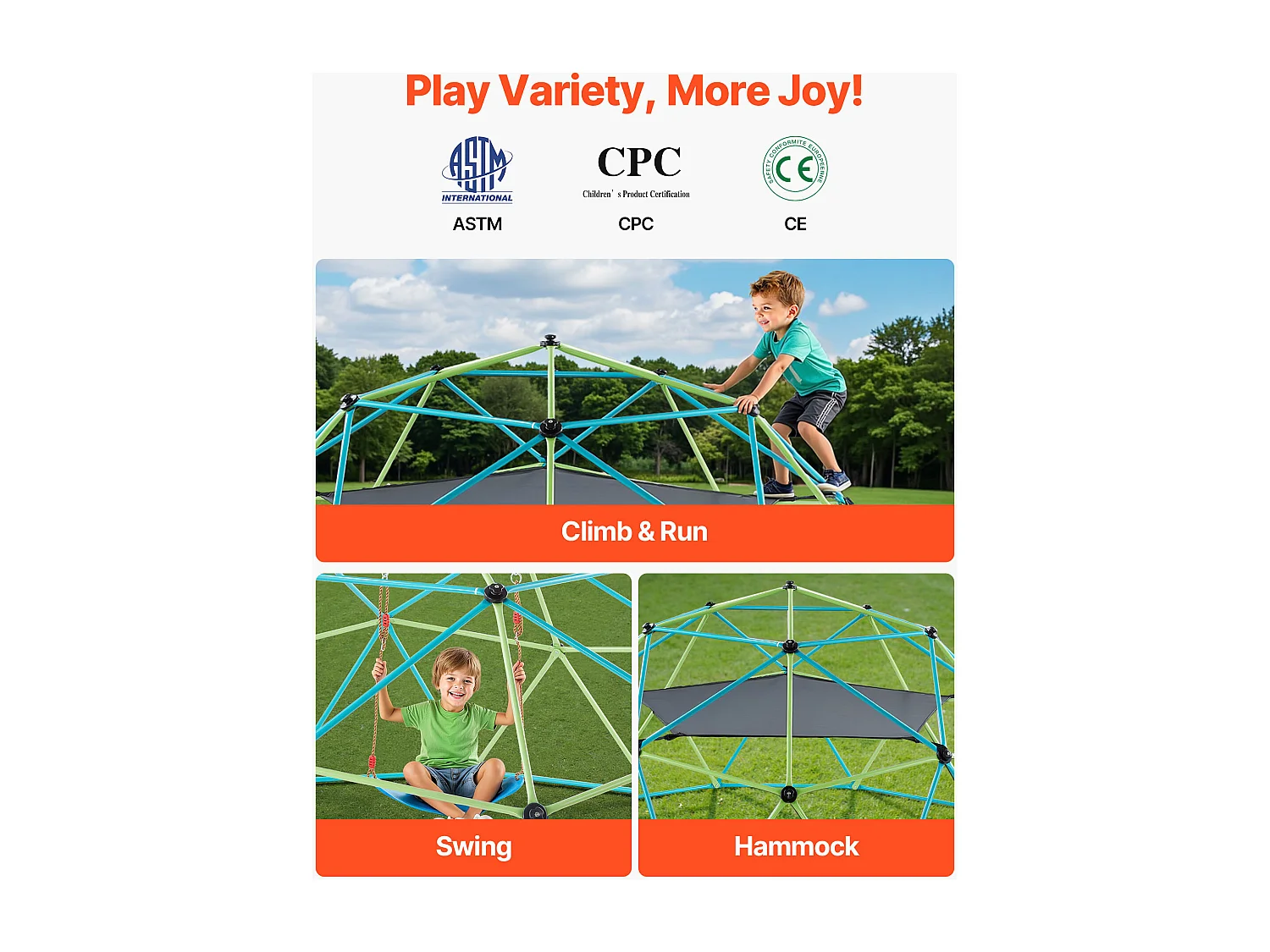 Kopuła Wspinaczkowa SucceBuy Geometryczna 305 cm, Klatka do Wspinania z Huśtawką i Hamakiem, Solidna Klatka dla Wiewiórek z Nośnością 453 kg