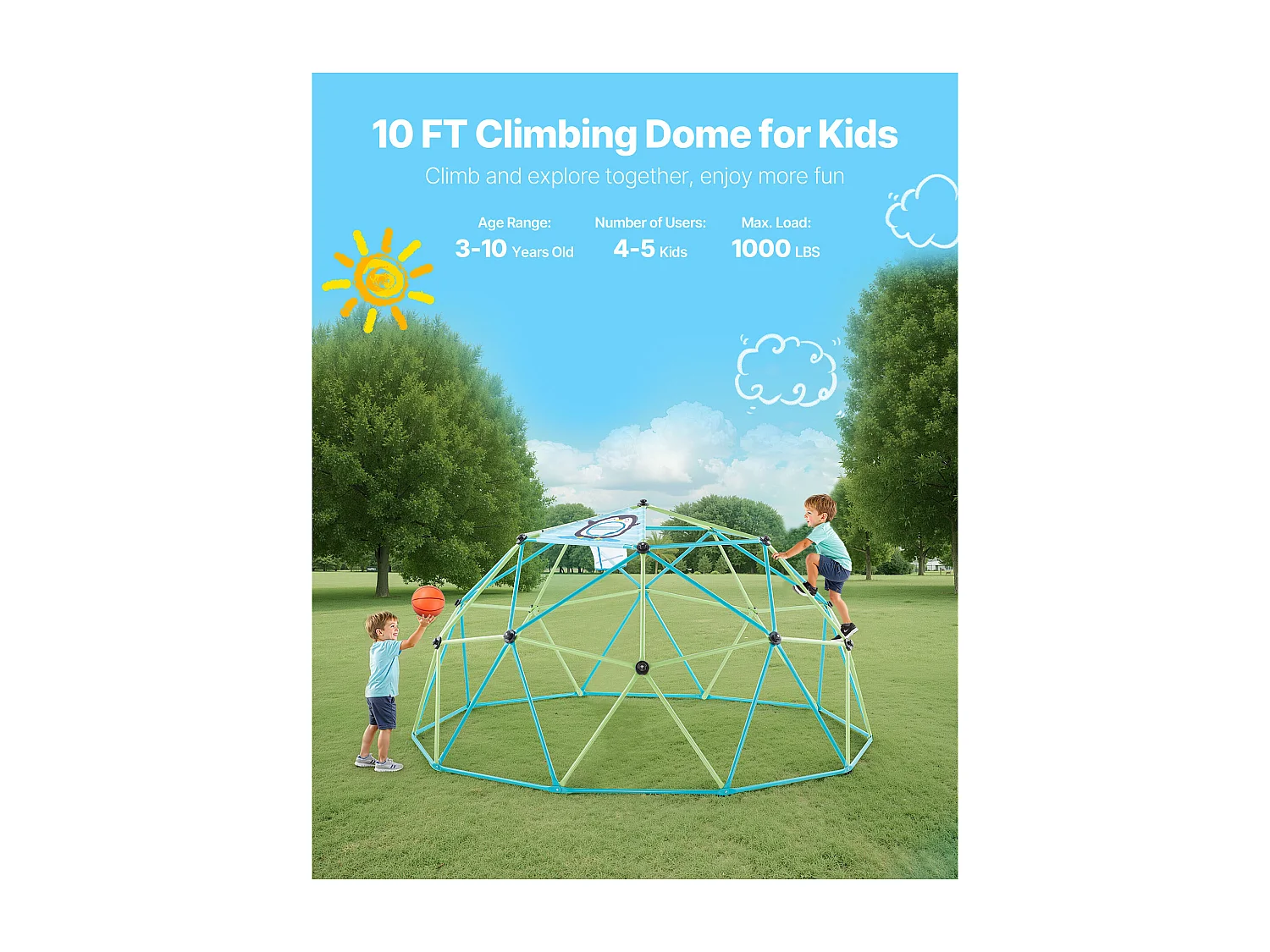 Kopuła Wspinaczkowa SucceBuy Geometryczna, Klatka do Wspinania z Siecią Ośmiornicy i 2 Piłkami do Koszykówki, Solidna Klatka dla Wiewiórek z Nośnością 453 kg