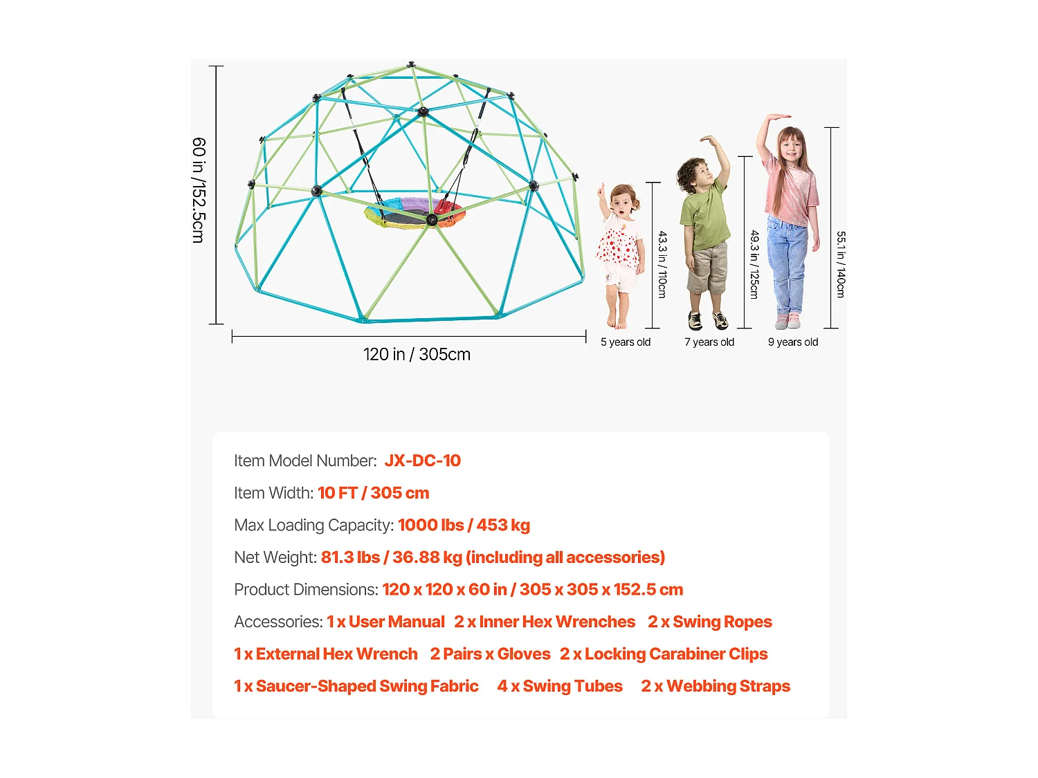 Dôme d'Escalade SucceBuy Géométrique 305 cm, Cage à Grimper avec Balançoire Soucoupe, Cage à Écureuil Solide avec Capacité de Charge de 453 kg