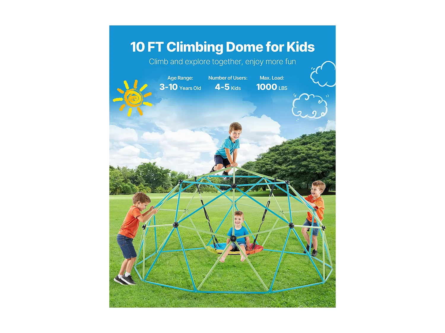 Dôme d'Escalade SucceBuy Géométrique 305 cm, Cage à Grimper avec Balançoire Soucoupe, Cage à Écureuil Solide avec Capacité de Charge de 453 kg