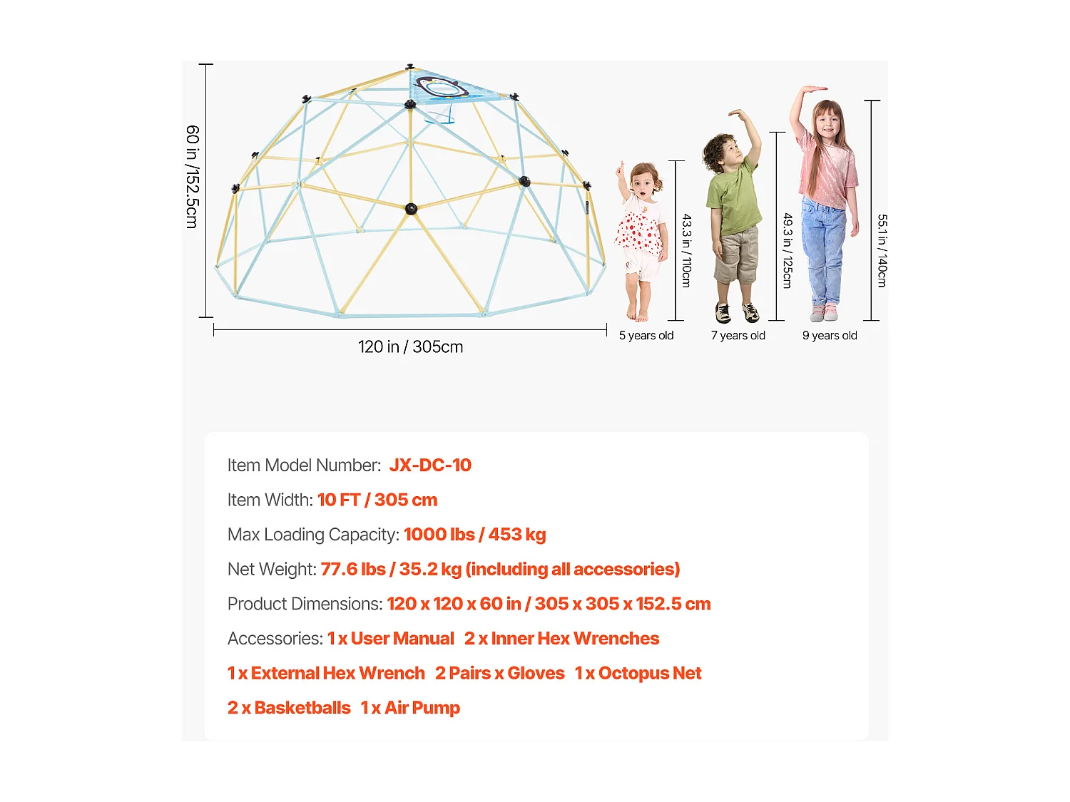 Kopuła Wspinaczkowa SucceBuy Geometryczna 305 cm, Klatka do Wspinania z Siecią i 2 Piłkami do Koszykówki, Solidna Klatka dla Wiewiórek Nośność 453 kg
