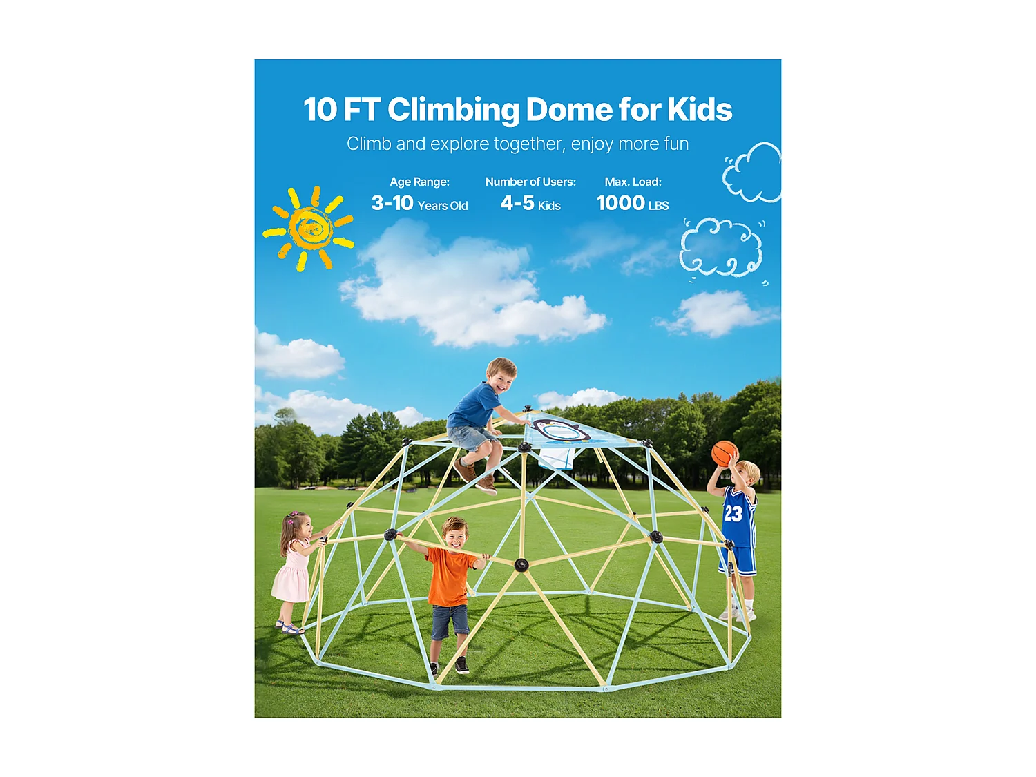 Kopuła Wspinaczkowa SucceBuy Geometryczna 305 cm, Klatka do Wspinania z Siecią i 2 Piłkami do Koszykówki, Solidna Klatka dla Wiewiórek Nośność 453 kg