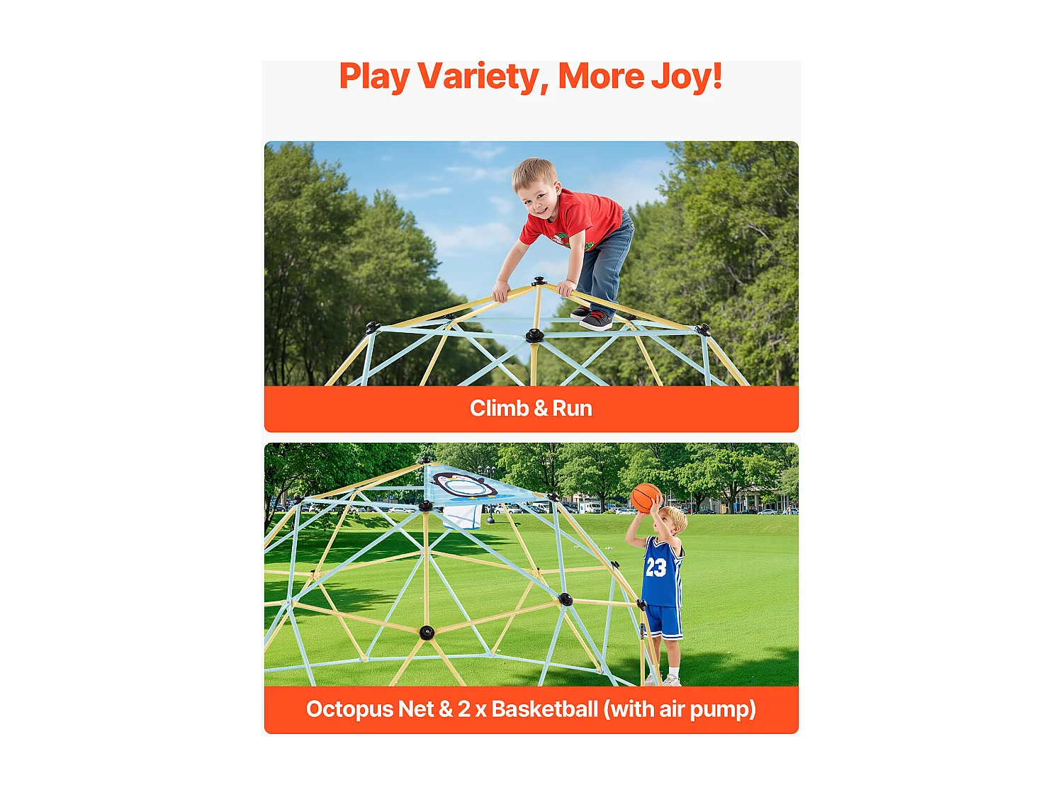 Kopuła Wspinaczkowa SucceBuy Geometryczna 305 cm, Klatka do Wspinania z Siecią i 2 Piłkami do Koszykówki, Solidna Klatka dla Wiewiórek Nośność 453 kg