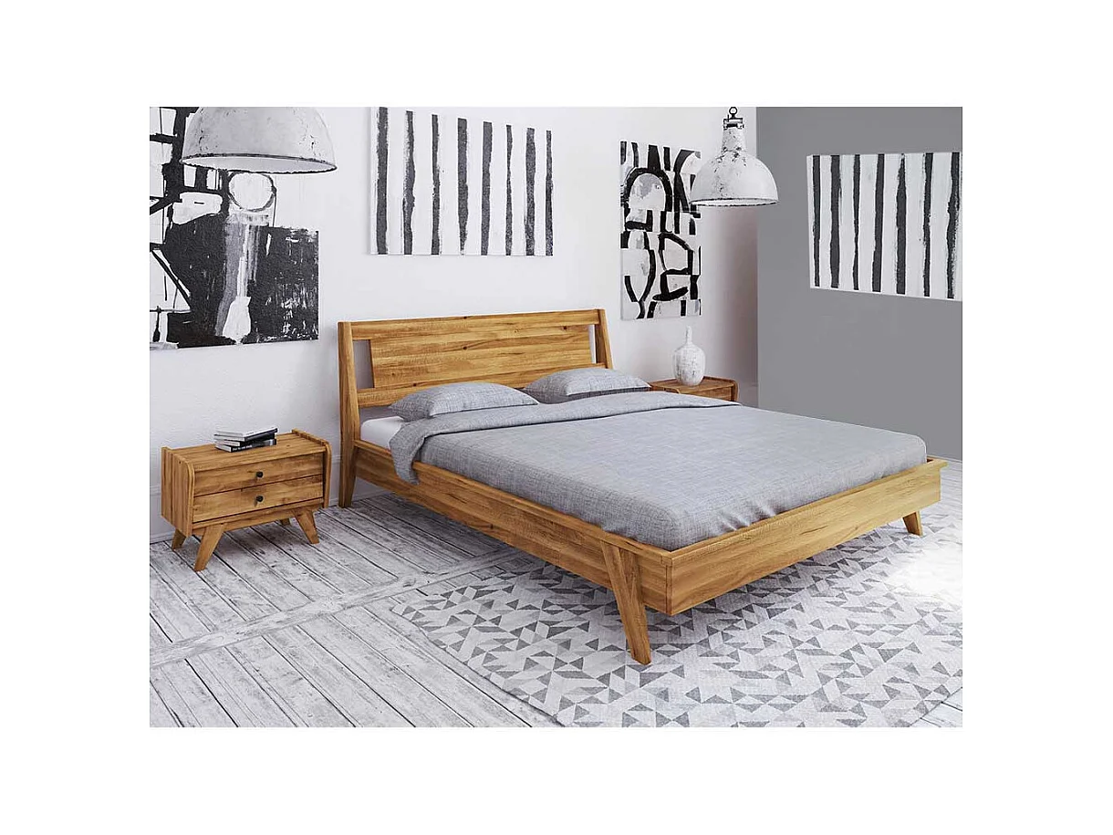 Doppelbett aus Wildeiche Massivholz zwei Nachtkommoden (dreiteilig)