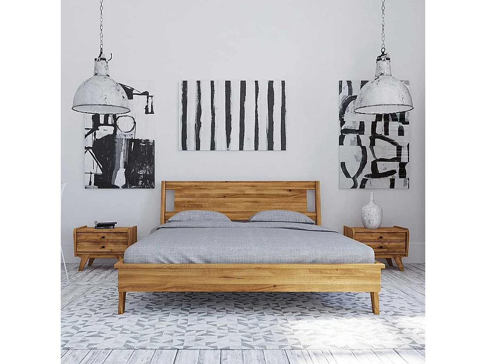 Doppelbett aus Wildeiche Massivholz zwei Nachtkommoden (dreiteilig)