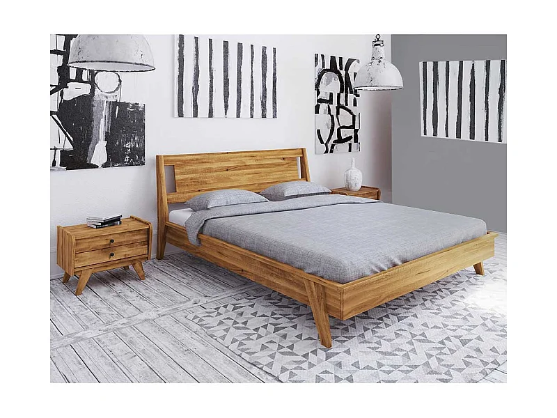 Doppelbett aus Wildeiche Massivholz zwei Nachtkommoden (dreiteilig)