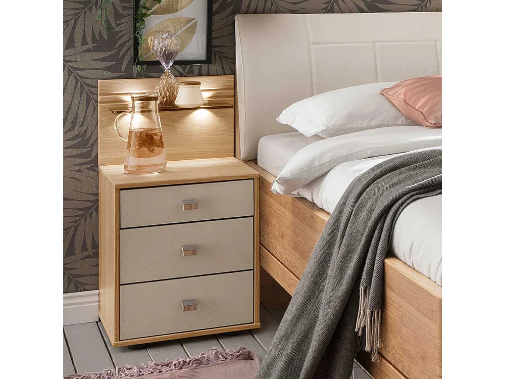 Einzelbett und Nachtkonsole in Beige und Eiche teilmassiv Polsterkopfteil (zweiteilig)