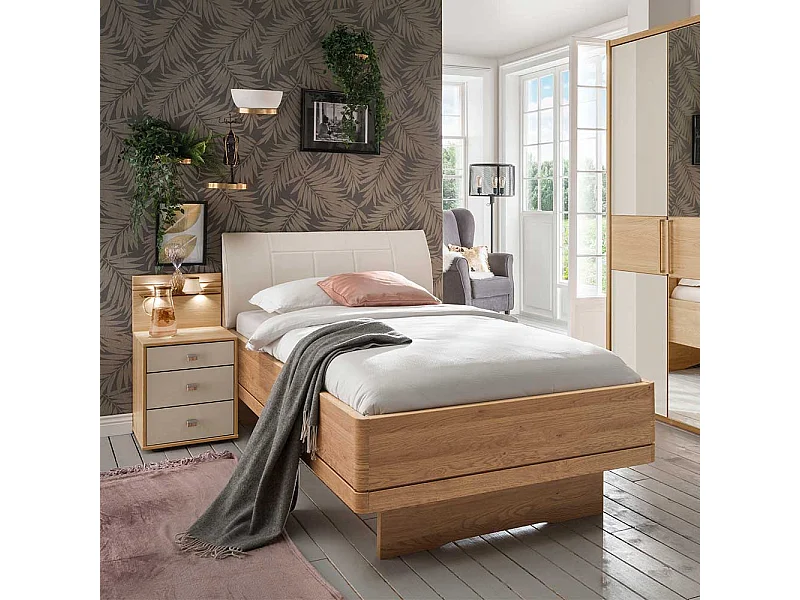 Einzelbett und Nachtkonsole in Beige und Eiche teilmassiv Polsterkopfteil (zweiteilig)