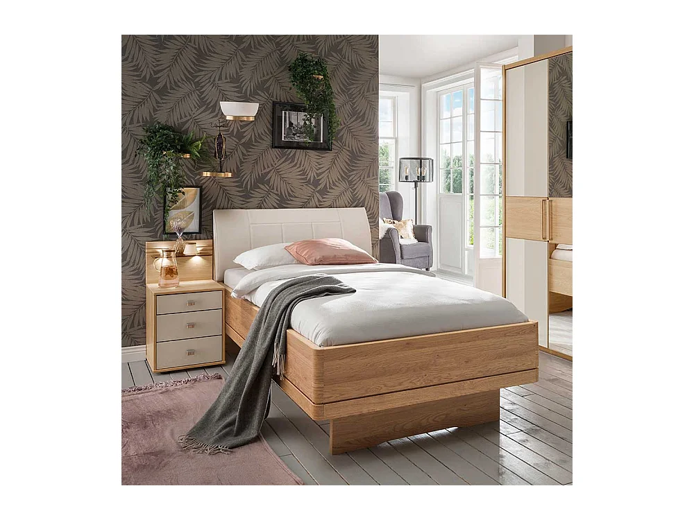 Einzelbett und Nachtkonsole in Beige und Eiche teilmassiv Polsterkopfteil (zweiteilig)