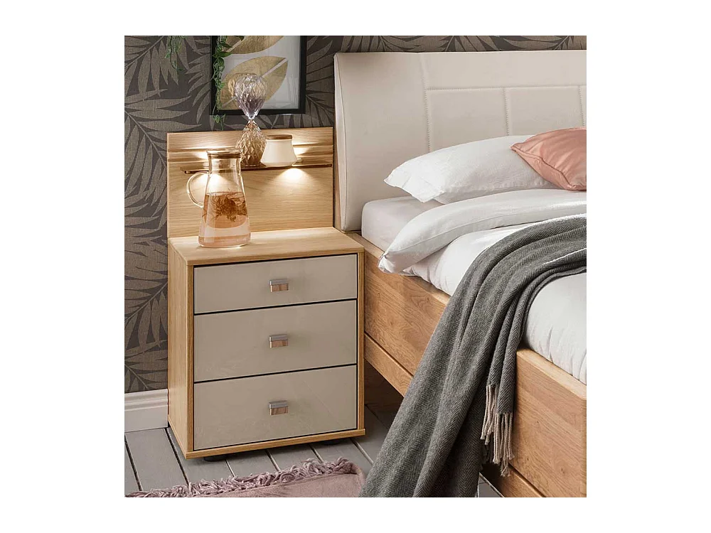Einzelbett und Nachtkonsole in Beige und Eiche teilmassiv Polsterkopfteil (zweiteilig)