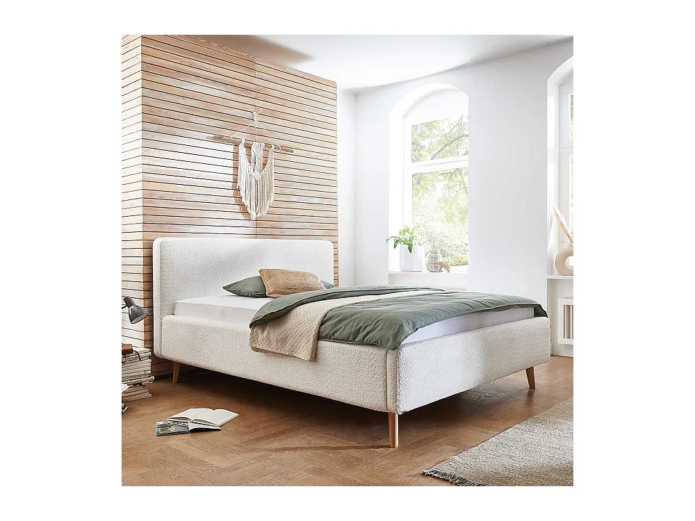 Modernes Polsterbett Cremeweiß mit Vierfußgestell aus Holz Eichefarben