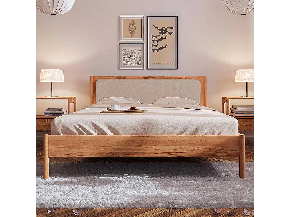 Wildbuche Holzbett mit Polster 38 cm Einstiegshöhe wahlweise mit Nachttisch