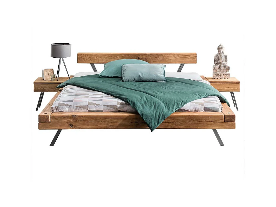 Balken Massivholzbett aus Wildeiche geölt Nachtkommoden (dreiteilig)