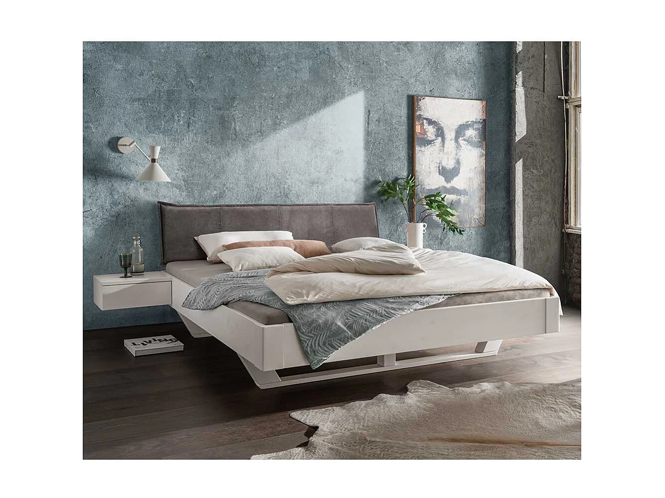 Doppel Bett Bett mit Polsterkopfteil in Weiß und Anthrazit