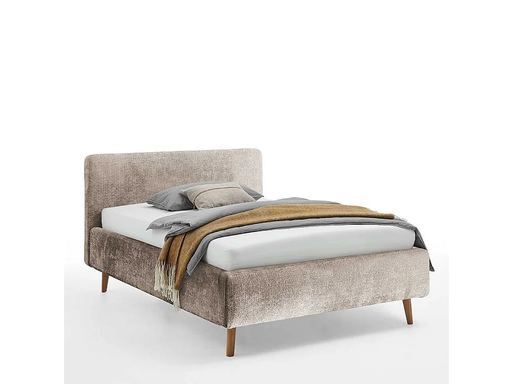 Doppelbettgestell mit Polster in Beige Vierfußgestell aus Holz