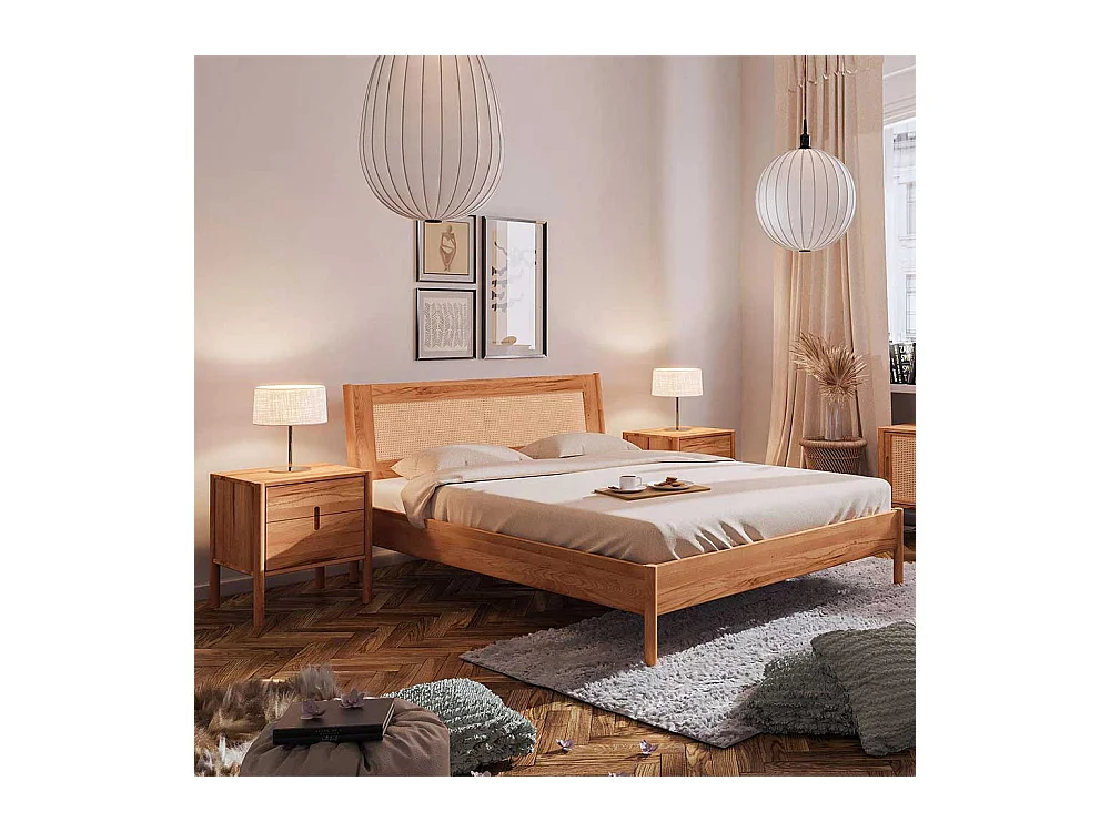 Bett Wildeiche und Rattan 38 cm Einstiegshöhe auch mit Kommoden