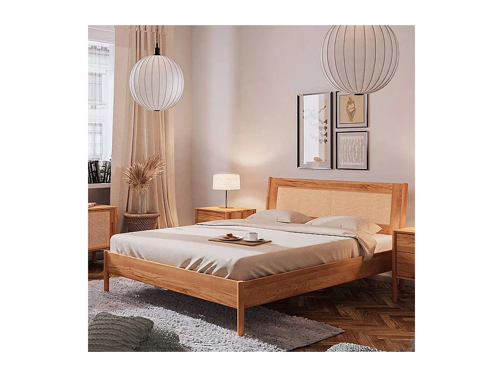 Bett Wildeiche und Rattan 38 cm Einstiegshöhe auch mit Kommoden