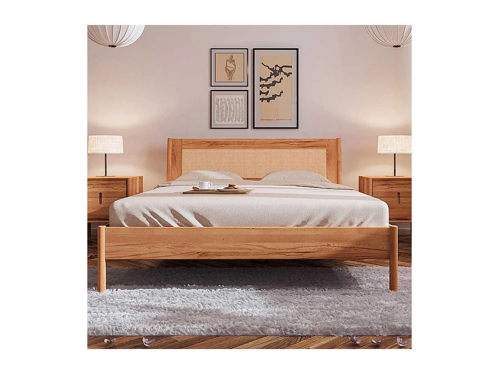 Bett Wildeiche und Rattan 38 cm Einstiegshöhe auch mit Kommoden