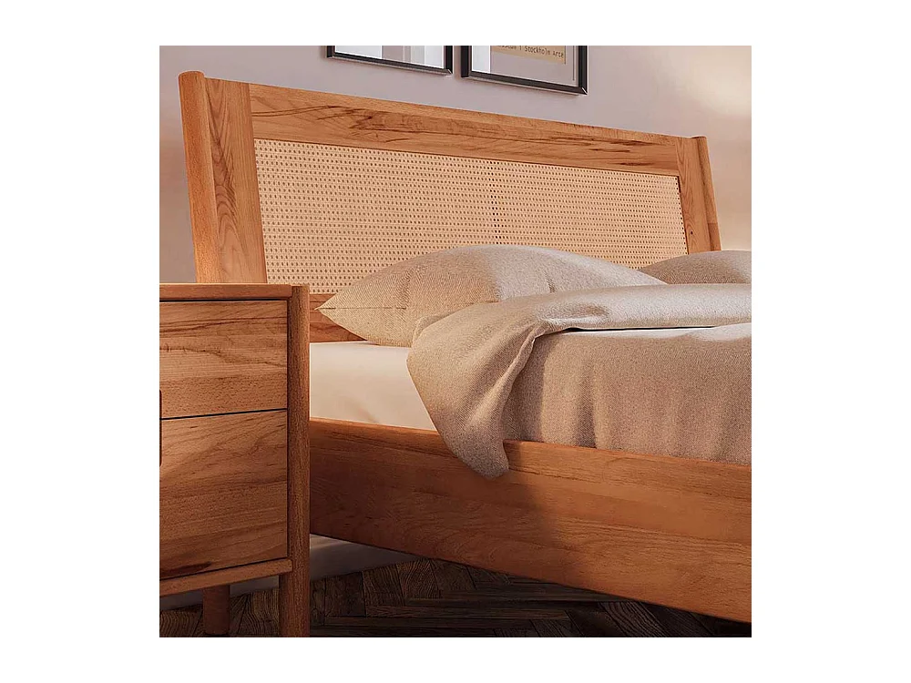 Bett Wildeiche und Rattan 38 cm Einstiegshöhe auch mit Kommoden