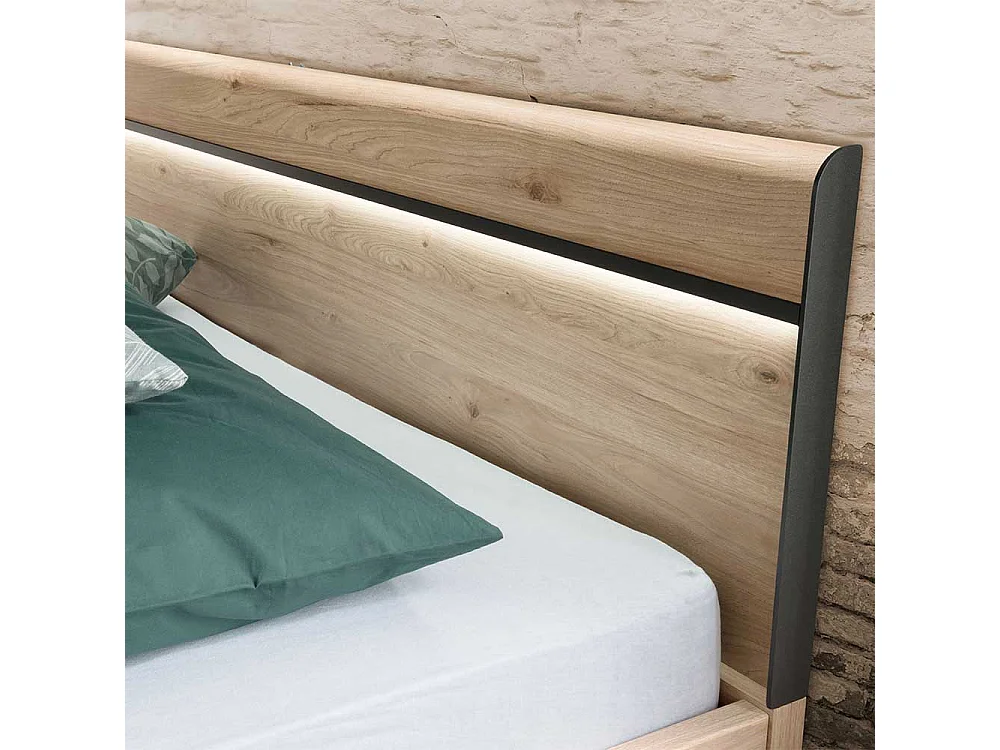 Ehebett in Eichefarben und Dunkelgrau LED Beleuchtung (dreiteilig)