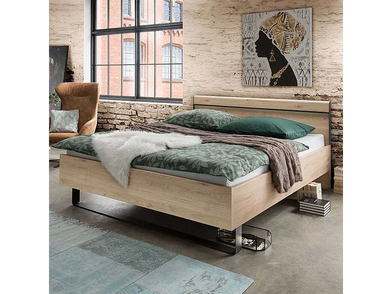 Bettrahmen in Eichefarben und Dunkelgrau LED Beleuchtung