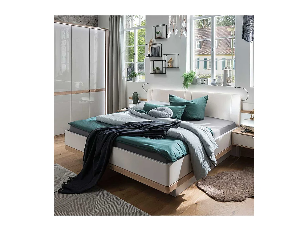 Design Doppelbett in Beige und Eiche Bianco LED Beleuchtung