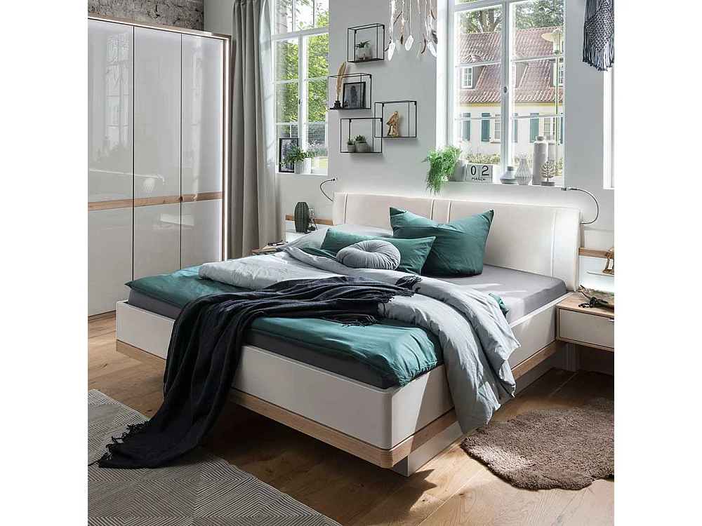 Design Doppelbett in Beige und Eiche Bianco LED Beleuchtung