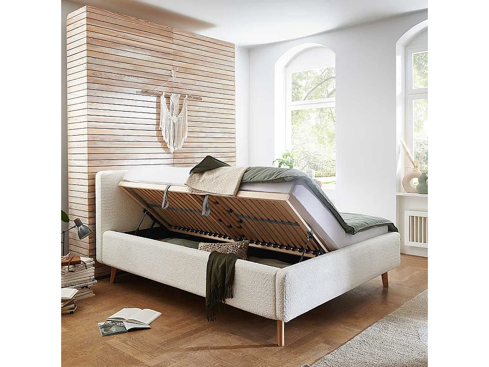 Polsterbett Cremeweiss aus Webplüsch Vierfußgestell aus Holz