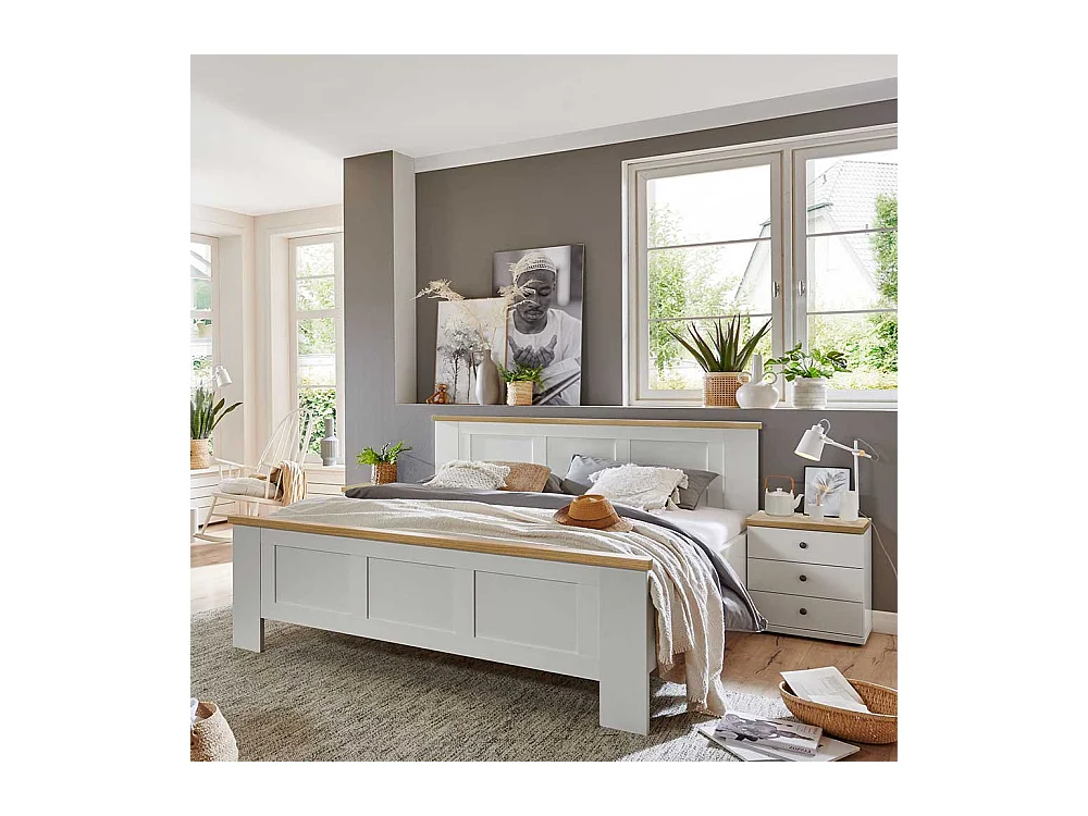 Landhaus Bett 160 cm in Wei� und Eiche Bianco Made in Germany
