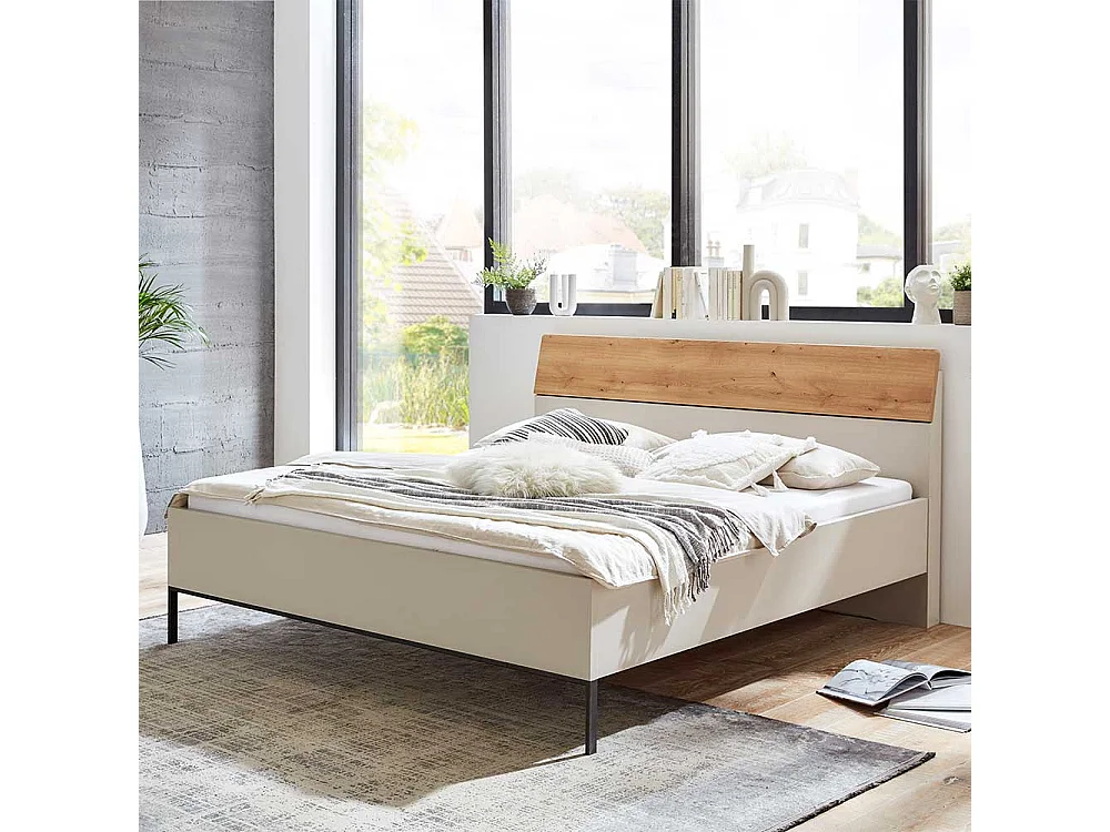180er Doppel Bett in modernem Design Eiche Bianco und Beige