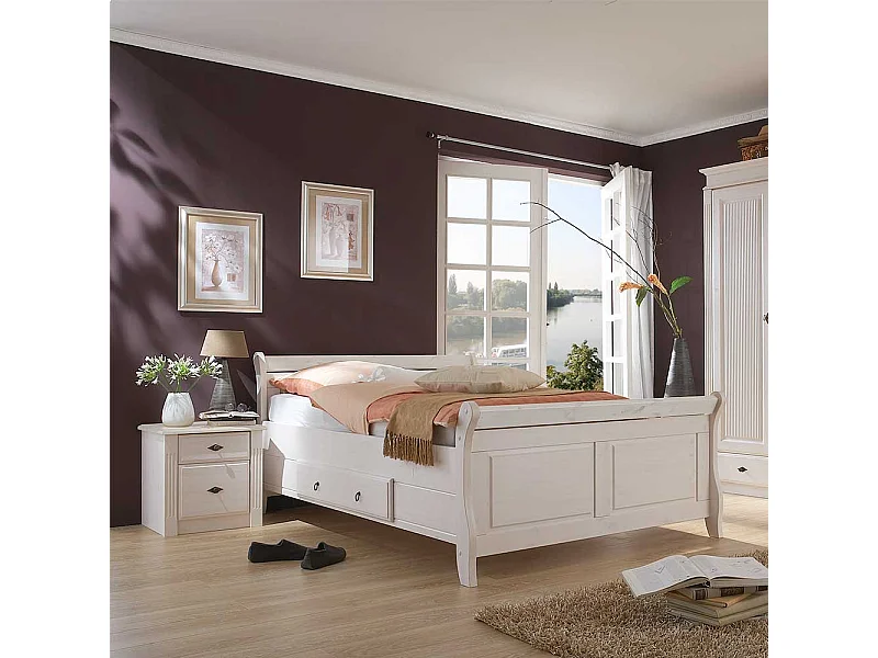 Landhaus Doppelbett in Weiß Kiefer massiv Nachtkonsolen (dreiteilig)