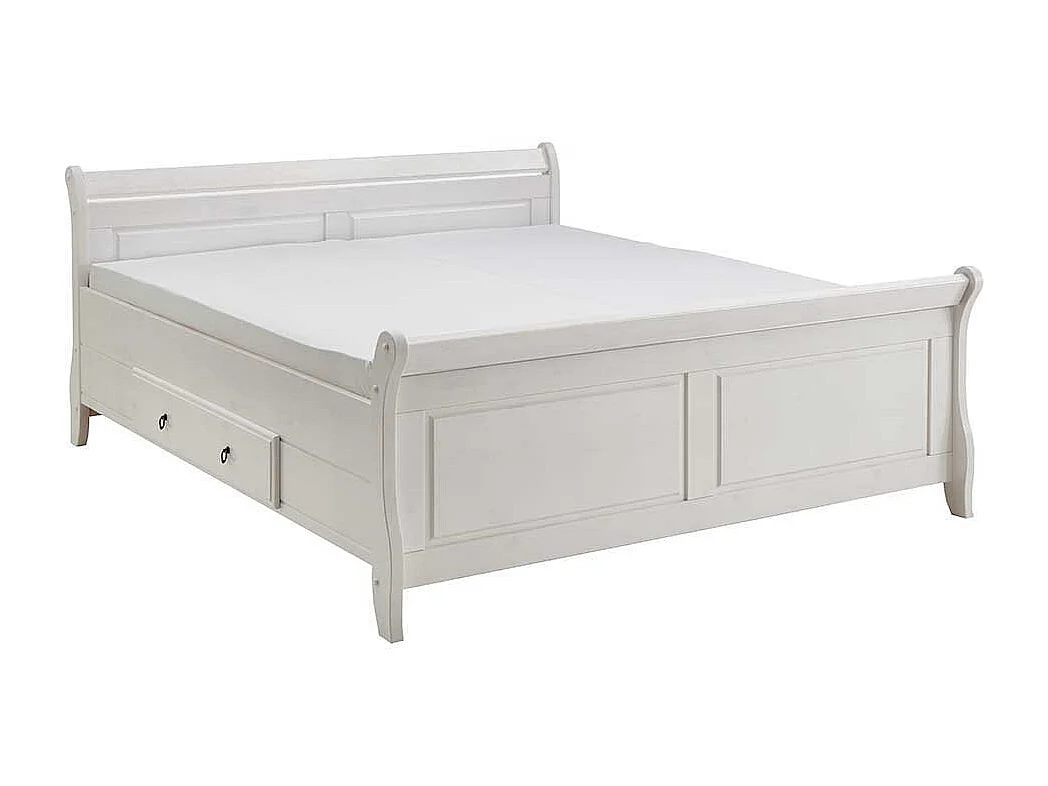 Landhaus Doppelbett in Weiß Kiefer massiv Nachtkonsolen (dreiteilig)