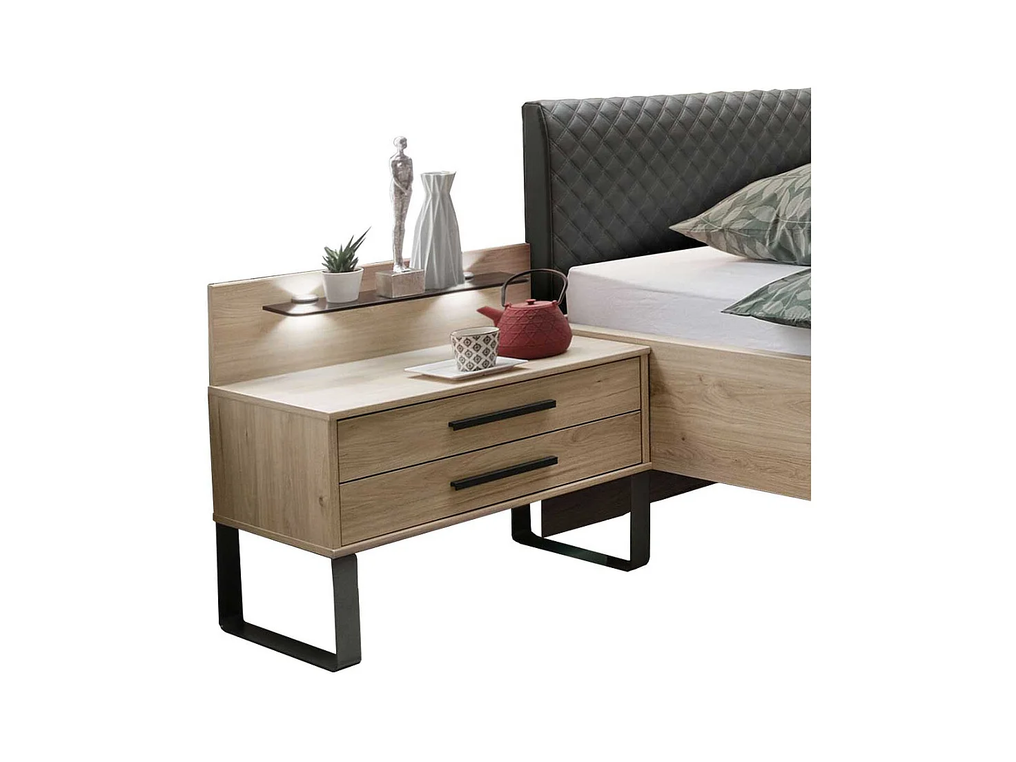 Großes Bett in Eichefarben und Dunkelgrau LED Beleuchtung (dreiteilig)