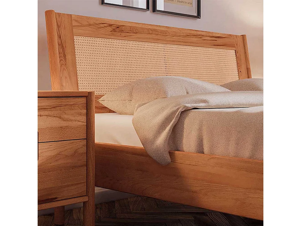 Bett Wildeiche und Rattan 38 cm Einstiegshöhe auch mit Kommoden