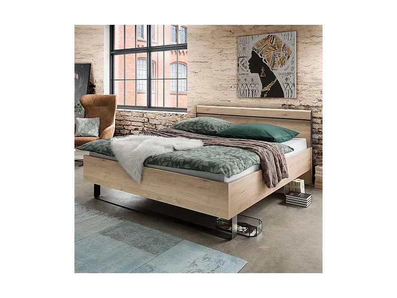 Bettrahmen in Eichefarben und Dunkelgrau LED Beleuchtung
