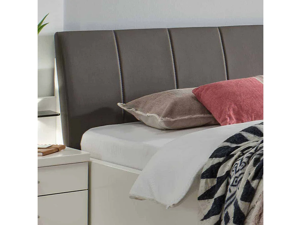 Bett mit Nachtkommode in Weiß Polsterkopfteil in Braun (zweiteilig)