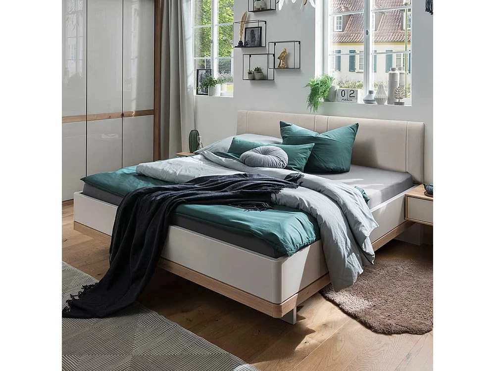 Design Bett in Beige und Eiche Bianco gepolstertem Kopfteil