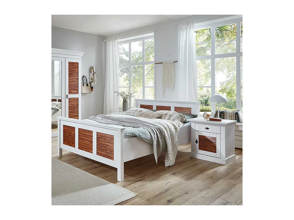 Landhaus Bett Kiefer in Weiß & Bernsteinfarben 53 cm Einstiegshöhe