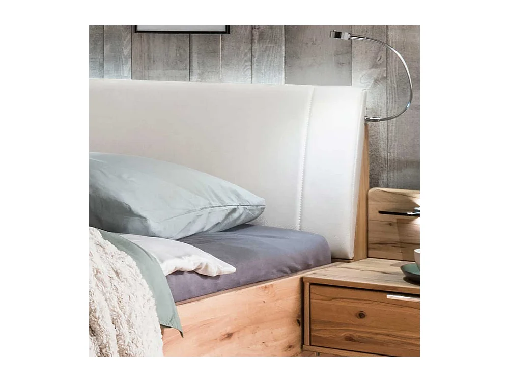 Doppelbett in Kernbuchefarben und Beige Massivholz und Kunstleder (dreiteilig)