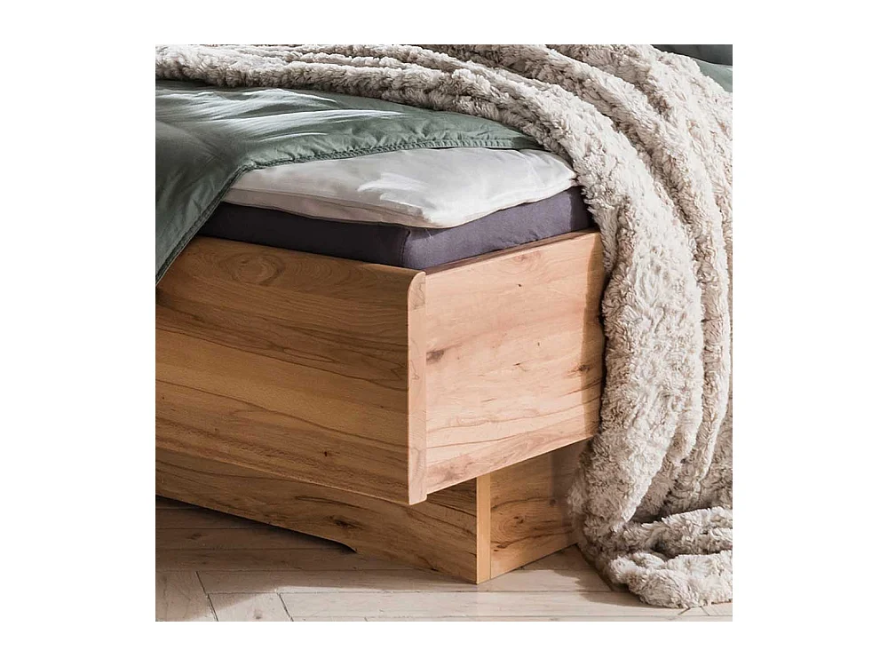 Doppelbett in Kernbuchefarben und Beige Massivholz und Kunstleder (dreiteilig)