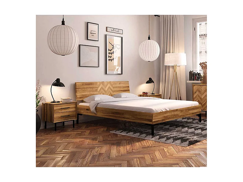 Hochwertiges Holzbett aus Wildeiche Massivholz Vierfußgestell aus Metall