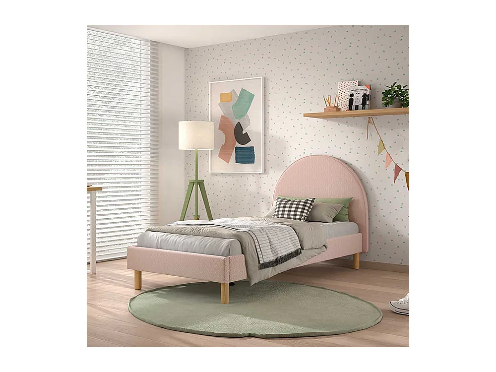 Stoffbett Boucle in Rosa Vierfußgestell aus Holz