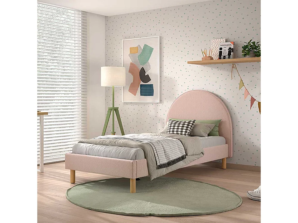 Stoffbett Boucle in Rosa Vierfußgestell aus Holz