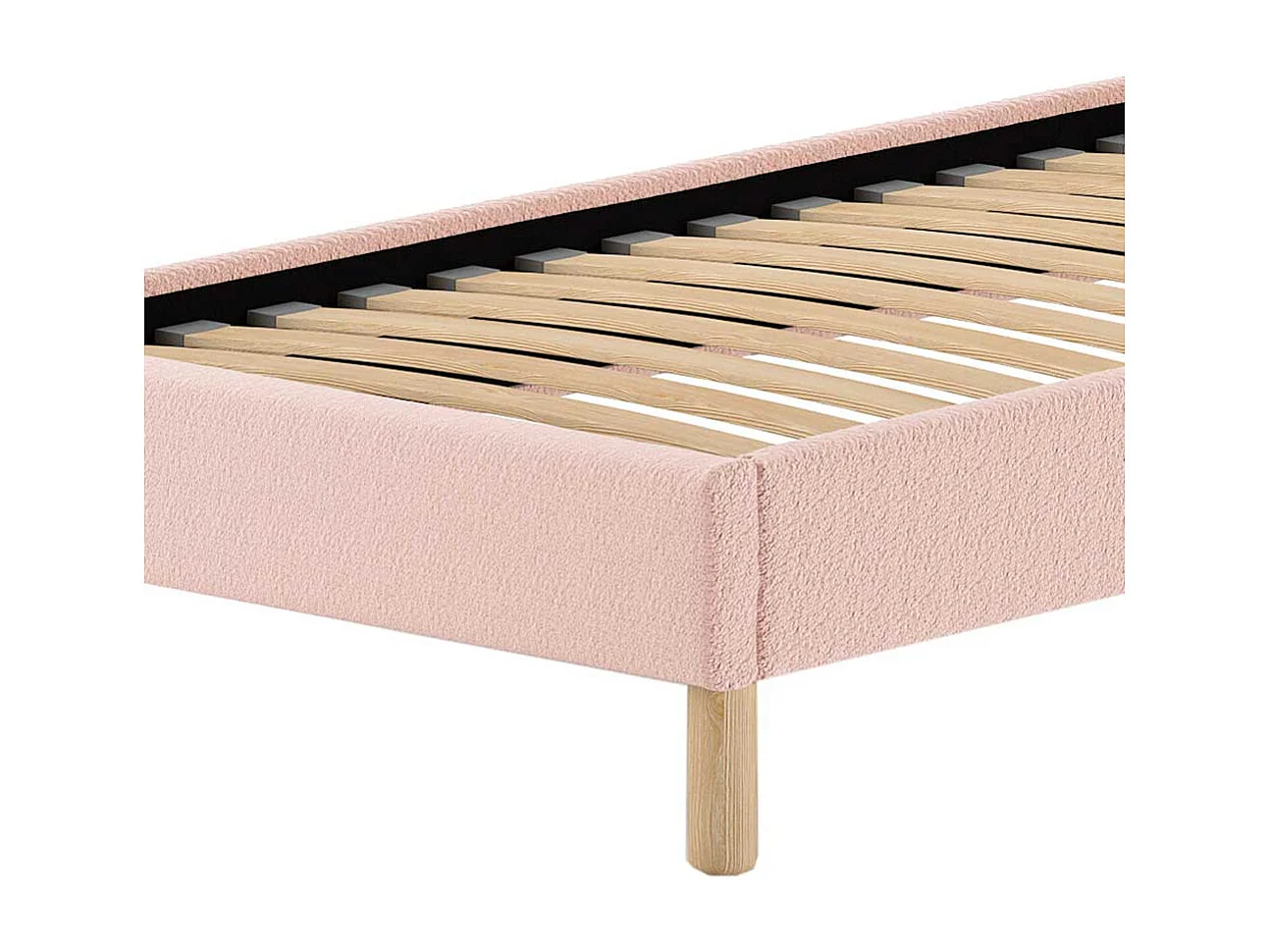 Stoffbett Boucle in Rosa Vierfußgestell aus Holz