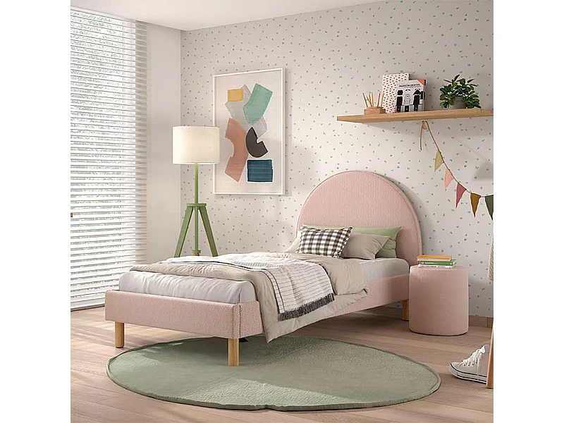 Stoffbett Boucle in Rosa Vierfußgestell aus Holz