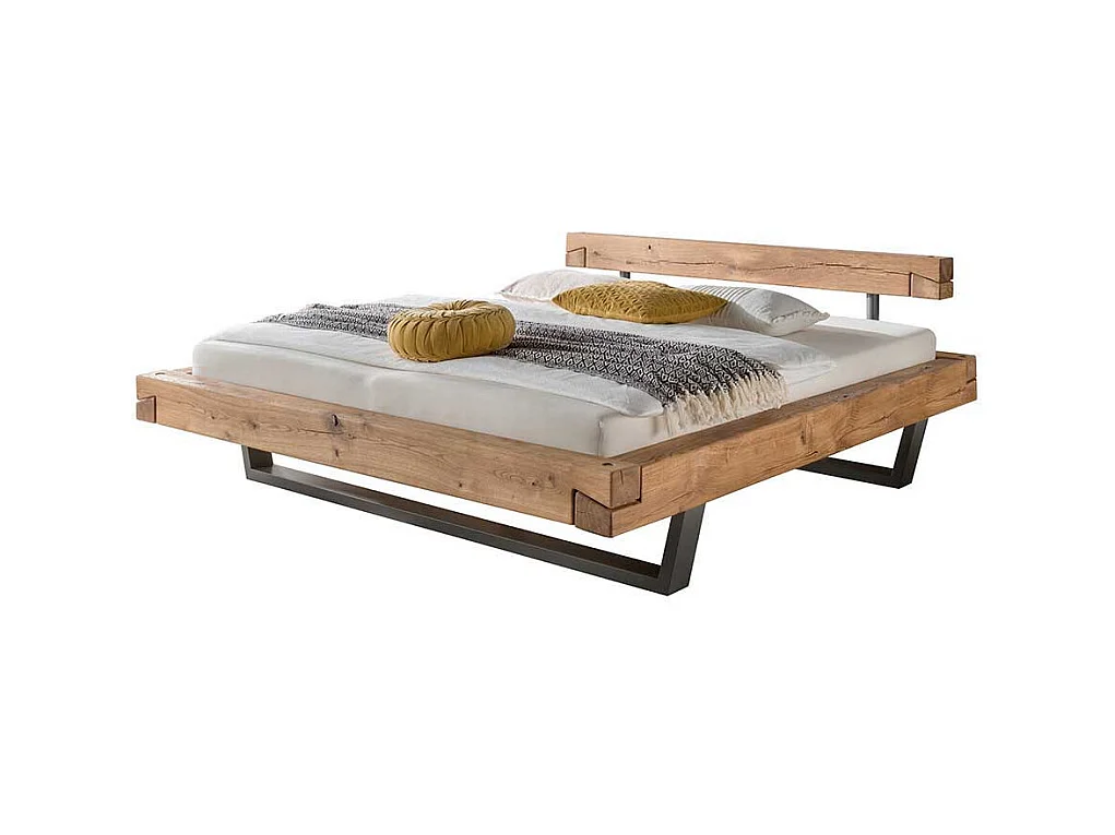 Schwebendes Balkenbett aus Wildeiche Massivholz modern