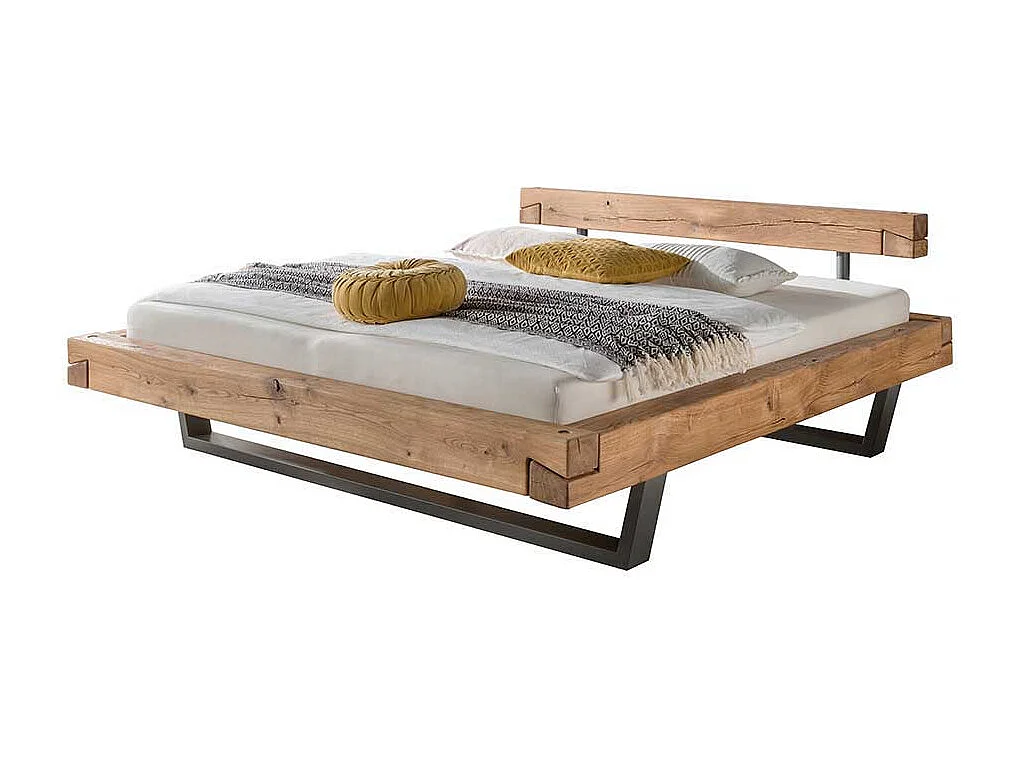 Schwebendes Balkenbett aus Wildeiche Massivholz modern